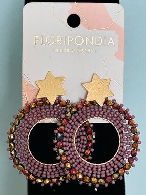 Purple Beaded Hoop Star Drop Earrings